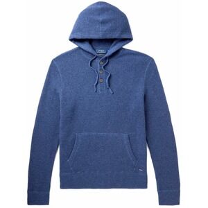 Polo Ralph Lauren 100% Cashmere Waffle Knit Hoodie Sweater Men XL Washable Blue